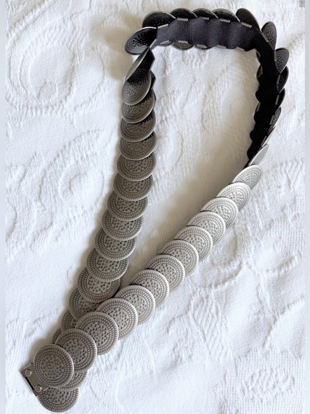 80s Silver Tone Metal Disc Coin Stretch Belt Boho Medallion Cinch OS